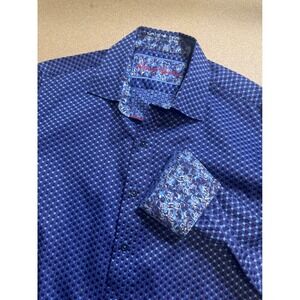 Robert Graham Mens Blue Geometric Square Print Paisley Trim Button Down Shirt L